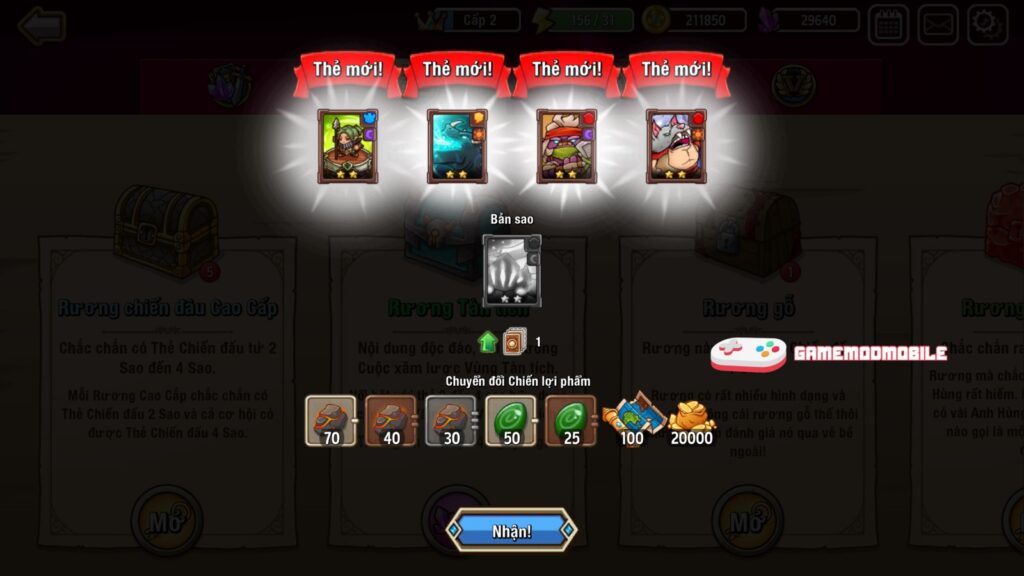 Tính năng thẻ bài trong game Crazy Defense Heroes mod apk full tiền